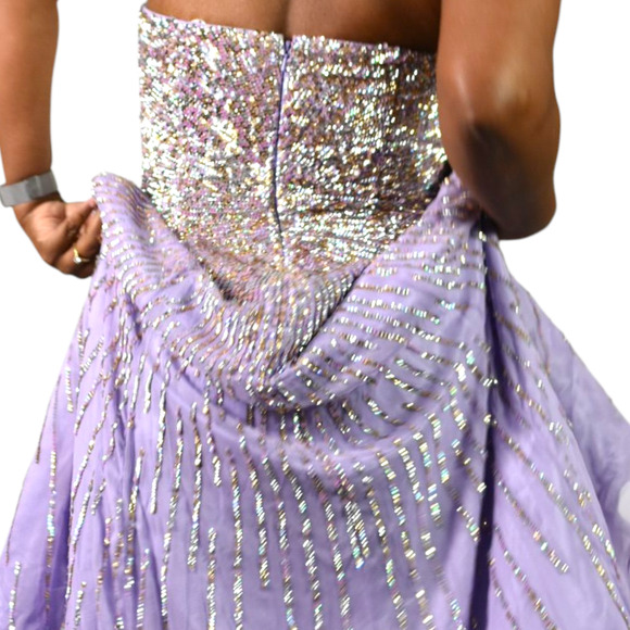 Sherri Hill Silk Dress Purple Sequin Sweetheart Hi Low Strapless Gown Formal 8 - Picture 5 of 16